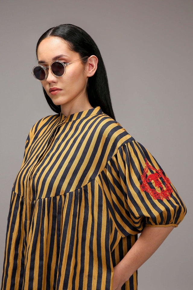 Tan-Brown Blue Striped Short Acra Tunic - Shirt - Mizyana