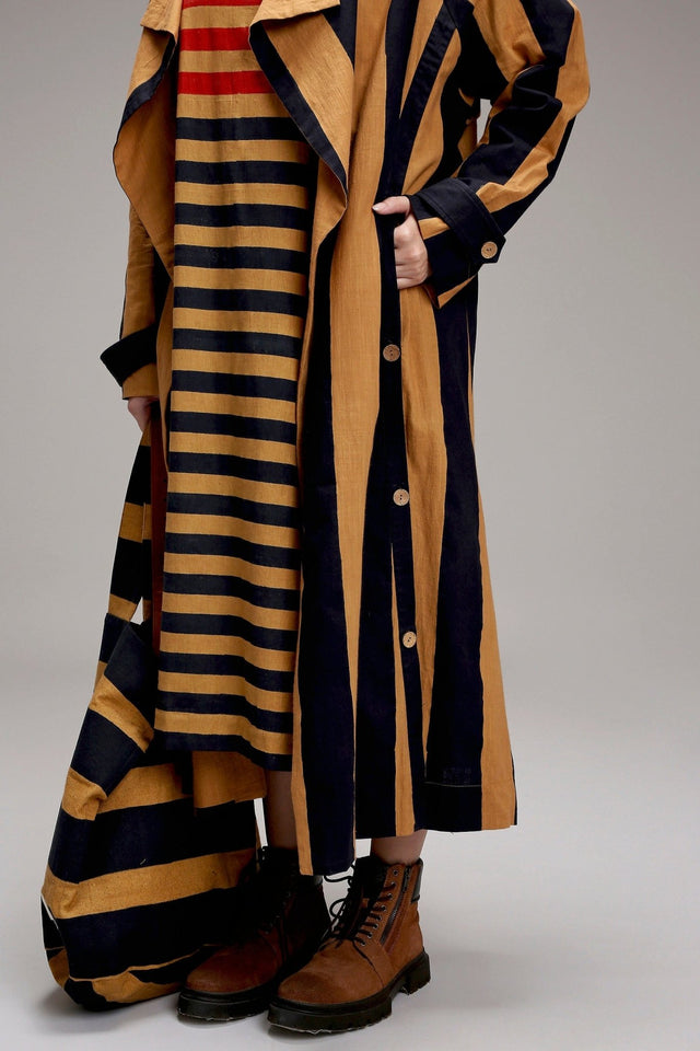 Tan-Brown Red & Blue Dual Stripe Dress Jacket Set (2 PCS) - Dress - Mizyana