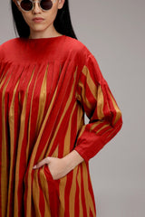 Tan-Brown Red Striped Balloon Dress - Dress - Mizyana