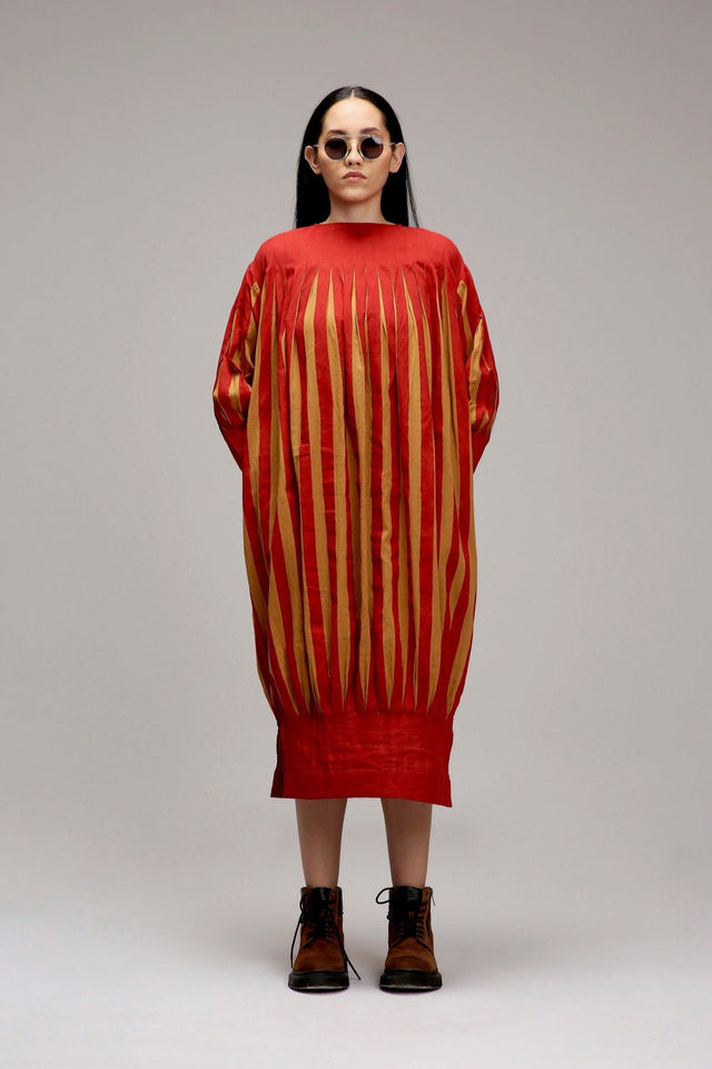 Tan-Brown Red Striped Balloon Dress - Dress - Mizyana