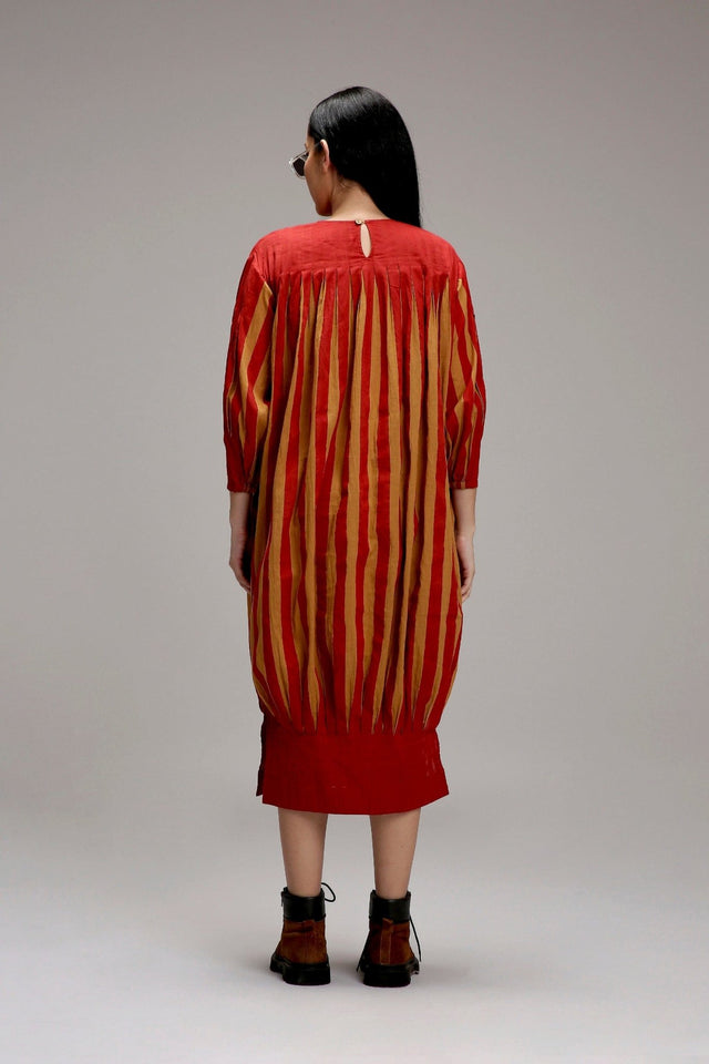 Tan-Brown Red Striped Balloon Dress - Dress - Mizyana