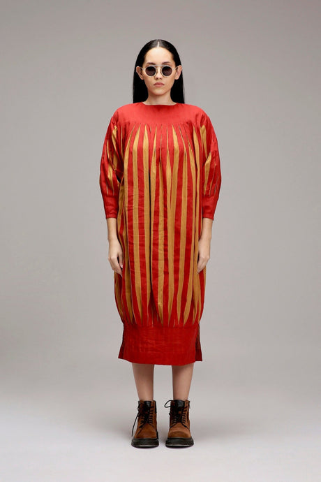 Tan-Brown Red Striped Balloon Dress by Mati in red with mustard stripes and pleated neckline, front view