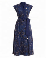 Tarni Midnight Shoreline Print Linen Wrap Midi Dress with Tie Belt - Dress - Mizyana