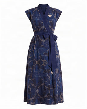 Tarni Midnight Shoreline Print Linen Wrap Midi Dress with Tie Belt - Dress - Mizyana