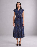 Tarni Midnight Shoreline Print Linen Wrap Midi Dress with Tie Belt - Dress - Mizyana