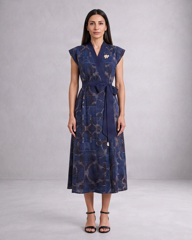 Tarni Midnight Shoreline Print Linen Wrap Midi Dress with Tie Belt - Dress - Mizyana