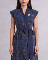 Tarni Midnight Shoreline Print Linen Wrap Midi Dress with Tie Belt - Dress - Mizyana