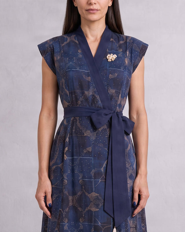 Tarni Midnight Shoreline Print Linen Wrap Midi Dress with Tie Belt - Dress - Mizyana