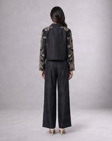 Teresa Black Floral Sequin Chanderi Silk Jacket and Pant Two-Piece Set - Two-Piece Set - Mizyana