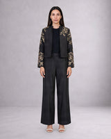 Teresa Black Floral Sequin Chanderi Silk Jacket and Pant Two-Piece Set - Two-Piece Set - Mizyana