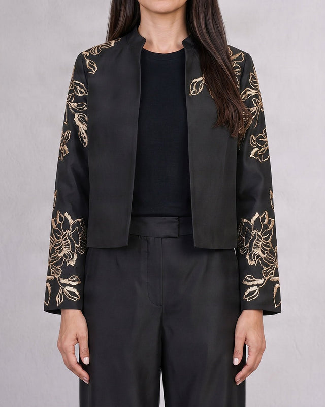 Teresa Black Floral Sequin Chanderi Silk Jacket and Pant Two-Piece Set - Two-Piece Set - Mizyana