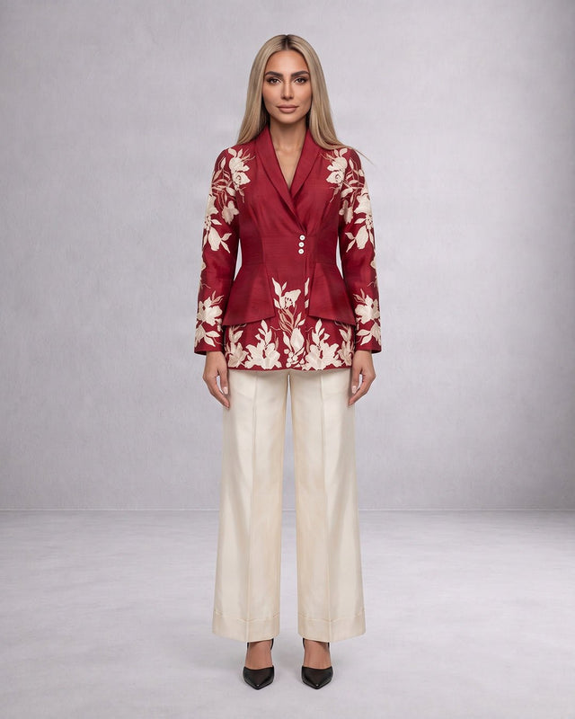 Vasco Floral Embroidered Chanderi Silk Flap Blazer and Pant Two-Piece Set - Two-Piece Set - Mizyana
