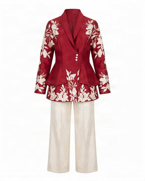 Vasco Floral Embroidered Chanderi Silk Flap Blazer and Pant Two-Piece Set - Two-Piece Set - Mizyana