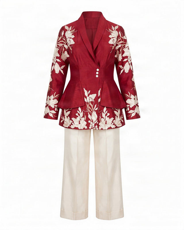 Vasco Floral Embroidered Chanderi Silk Flap Blazer and Pant Two-Piece Set - Two-Piece Set - Mizyana