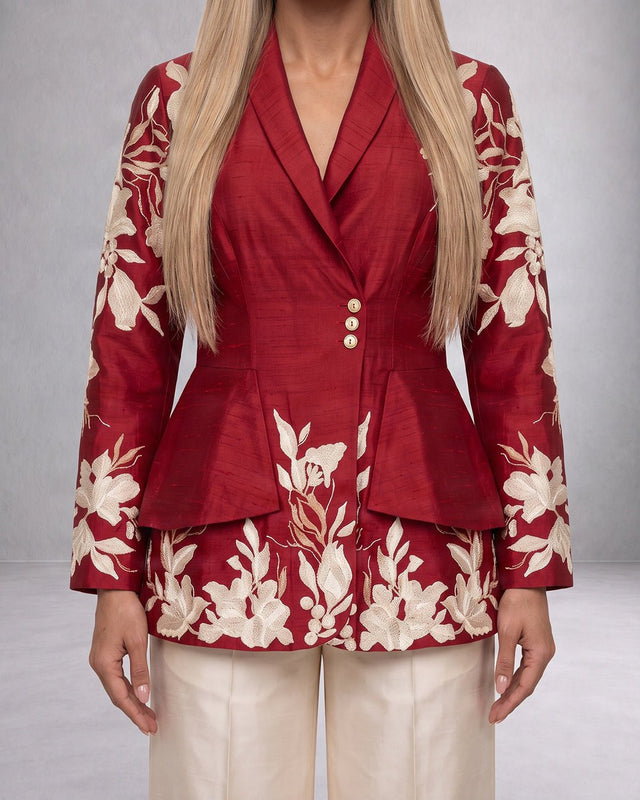 Vasco Floral Embroidered Chanderi Silk Flap Blazer and Pant Two-Piece Set - Two-Piece Set - Mizyana