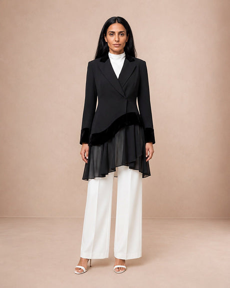 Velvet Trimmed Asymmetric Chiffon Jacket - Jacket - Mizyana
