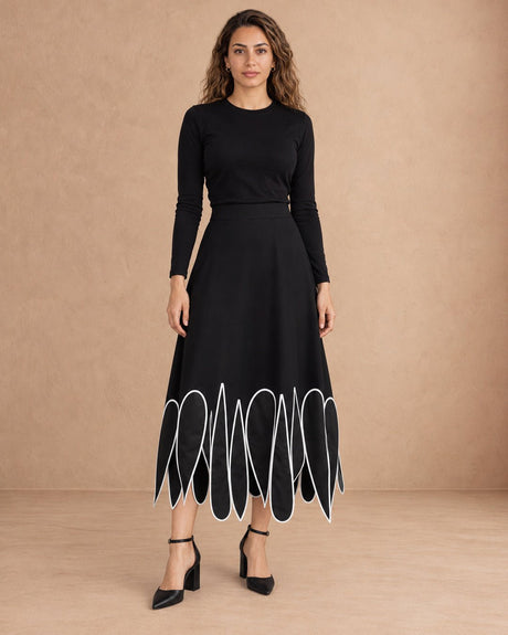 Vil Black Petal Hem Viscose Midi Skirt - Skirt - Mizyana