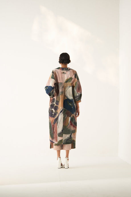 Wallflower Trench Set back view showing the abstract print and back pleat