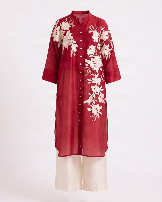 Yercad Red Embroidered Chanderi Silk Tunic and Pants Two-Piece Set - Two-Piece Set - Mizyana