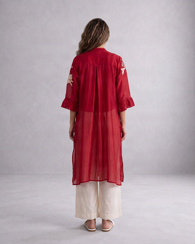 Yercad Red Embroidered Chanderi Silk Tunic and Pants Two-Piece Set - Two-Piece Set - Mizyana