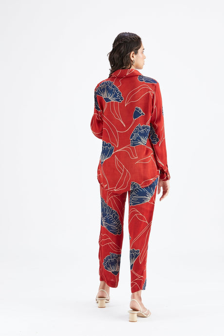 Full length back view of the red Yuna co-ord set with straight pants