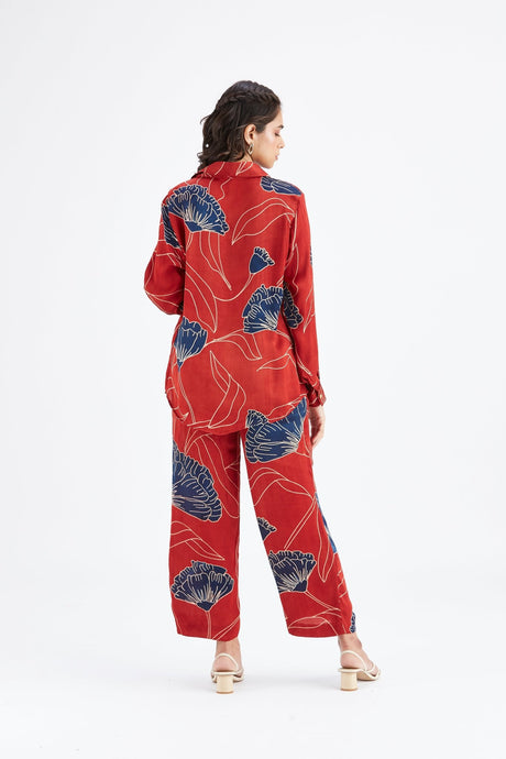 Back view of the red Yuna co-ord set showing the floral back print