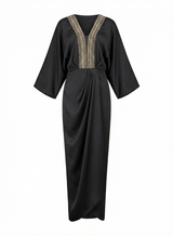 Zarafah Black Pleated Batwing Kaftan with Embellished V Neck - Kaftan - Mizyana