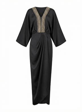 Zarafah Black Pleated Batwing Kaftan with Embellished V Neck - Kaftan - Mizyana