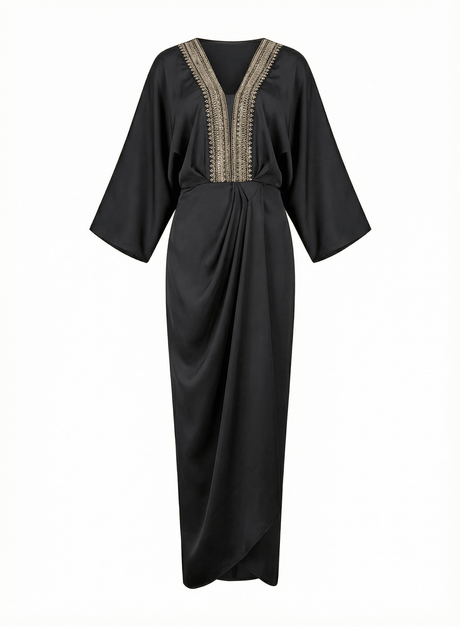 Zarafah Black Pleated Batwing Kaftan with Embellished V Neck - Kaftan - Mizyana