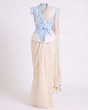 Zarya Wrapped Vest and Embroidered Chanderi Silk Saree Three-Piece Set - Three-Piece Set - Mizyana