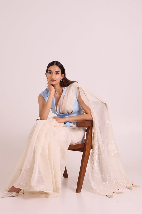 Zarya - Wrapped Vest & Embroidered Saree - Three-Piece Set - Mizyana