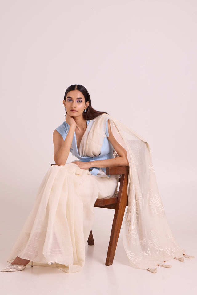 Zarya - Wrapped Vest & Embroidered Saree - Three-Piece Set - Mizyana