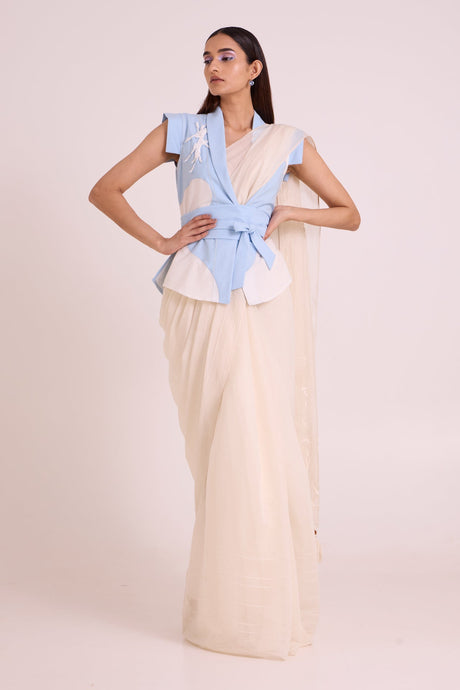 Zarya - Wrapped Vest & Embroidered Saree - Three-Piece Set - Mizyana