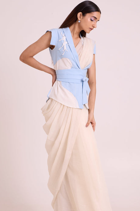 Zarya - Wrapped Vest & Embroidered Saree - Three-Piece Set - Mizyana