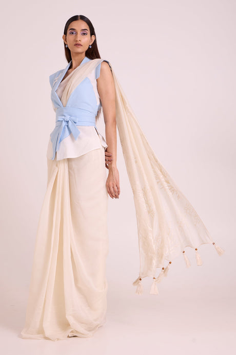 Zarya - Wrapped Vest & Embroidered Saree - Three-Piece Set - Mizyana