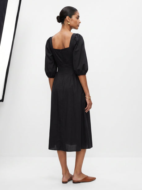 Back view of the Zoe Black Chanderi Dress with square back and seamed bodice