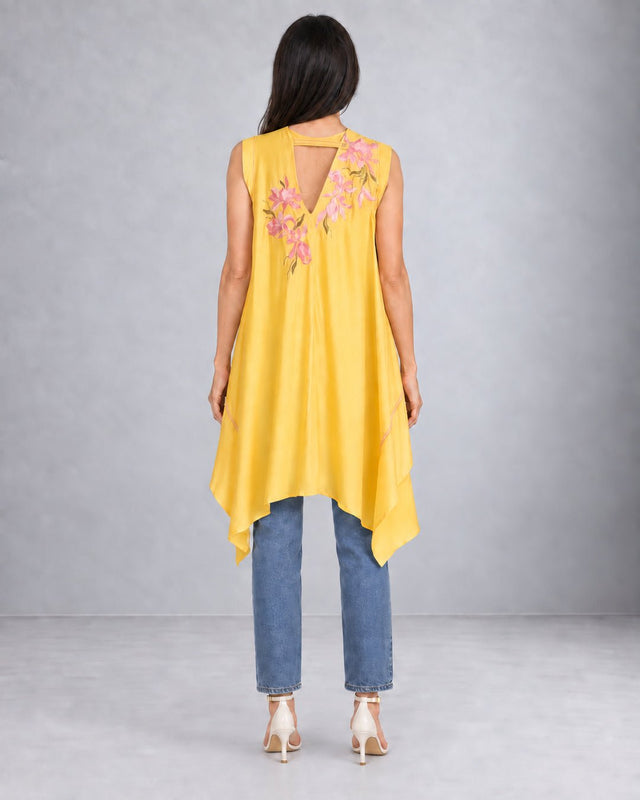 Zuma Butter Yellow Floral Embroidered Linen Satin Tunic with Trail Hem - Tunic - Mizyana
