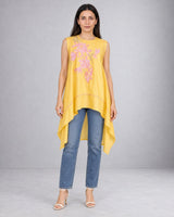 Zuma Butter Yellow Floral Embroidered Linen Satin Tunic with Trail Hem - Tunic - Mizyana