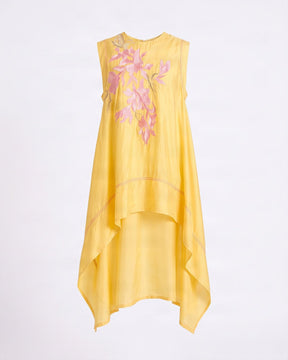 Zuma Butter Yellow Floral Embroidered Linen Satin Tunic with Trail Hem - Tunic - Mizyana