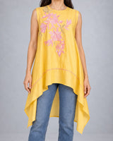 Zuma Butter Yellow Floral Embroidered Linen Satin Tunic with Trail Hem - Tunic - Mizyana