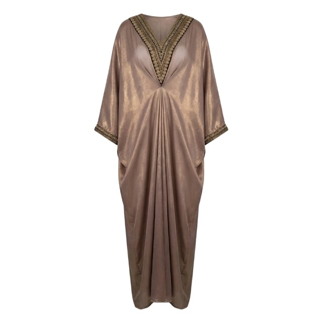 Shimmery Mauve Embroidered Neck Kaftan