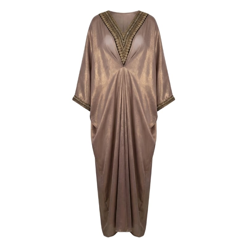 Shimmery Mauve Embroidered Neck Kaftan
