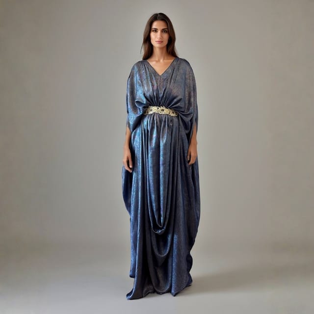 Hellenic Blue Embellished Belt Drape Kaftan