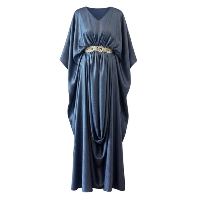 Hellenic Blue Embellished Belt Drape Kaftan