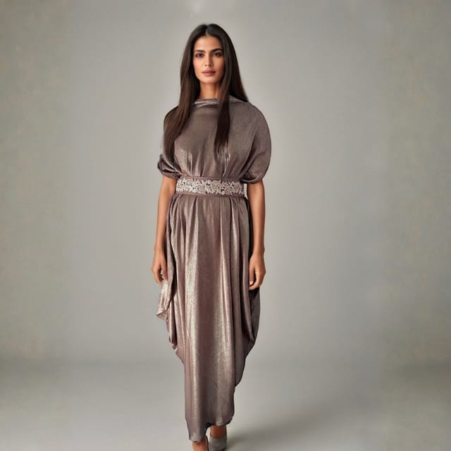 Shimmery Brown Embellished Belt Kaftan