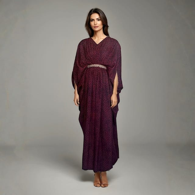 Striped Embellished Belt Drape Kaftan