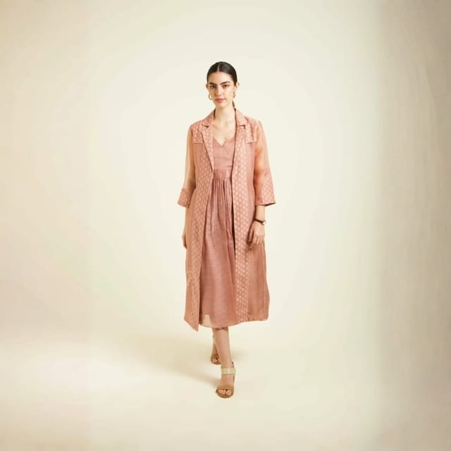 Almond Embroidered Organza Jacket With Stripe Organza Dress