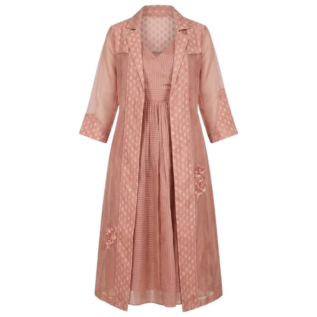 Almond Embroidered Organza Jacket With Stripe Organza Dress