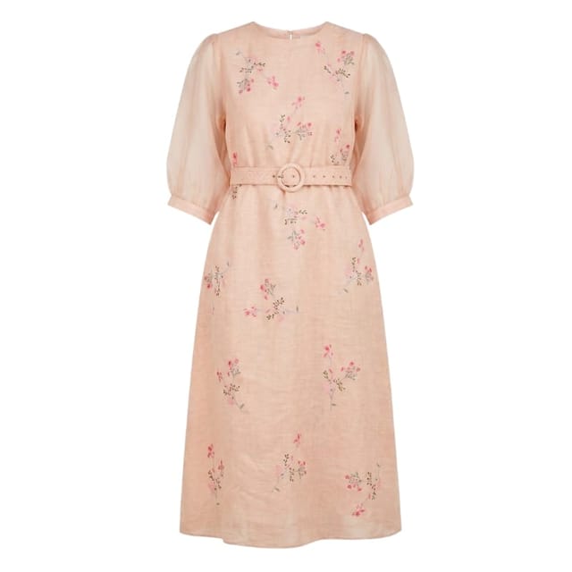 Old Rose Printed A-Line Linen Dress With Quilted Belt