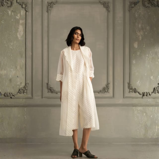 Scalloped Organza Jacket & Brocade Jumpsuit Set